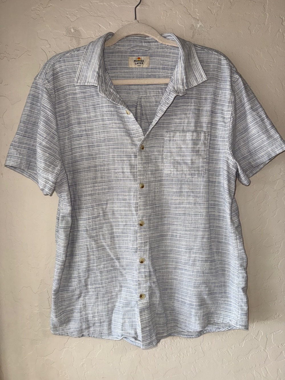 Stretch Selvage Short Sleeve Shirt blue men’s size Marge (medium large)